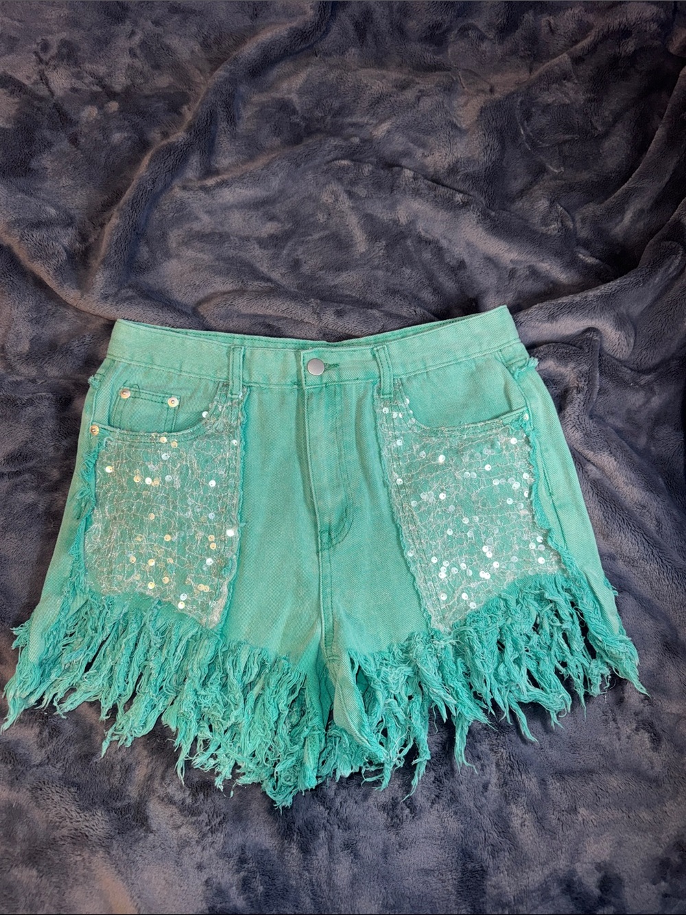 POL Sequin Fringe Jean Shorts in Teal Green, Size L